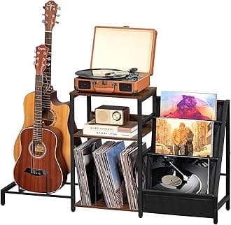 LELELINKY Record Player Stand, Adjustable Guitar Stand for Acoustic Guitar, Electric Guitar, Bass, Turntable Stand with Vinyl Display Shelf Storage Up to 150 Albums,Brown End Table for Music Room