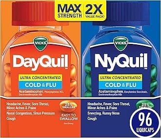 - Vicks DayQuil & NyQuil Ultra Concentrated Liquicaps Co-Pack, Cold & Flu Medicine, Powerful Multi-Symptom Daytime & Nighttime Relief for Headache, Fever, Sore Throat, Minor Aches & Pains, & Cough, 96ct