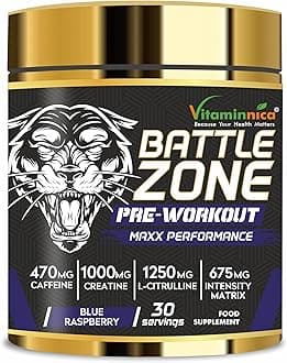 Vitaminnica Battle Zone Pre Workout| Beta Alanine Sports Nutrition | Best Energy Drink Supplements- 30 Servings (Blue Raspberry)