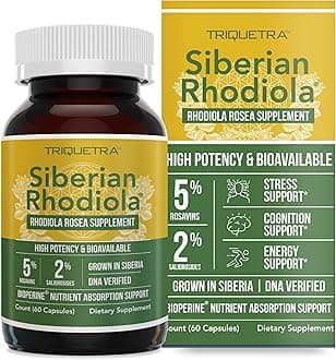 Siberian Rhodiola: Max Strength Rhodiola Rosea - 5% Rosavins, 2% Salidroside - BioPerine Absorption Enhancement, Grown in Siberia, DNA Verified - Reduce Stress, Enhance Energy & Cognition (60 Count)