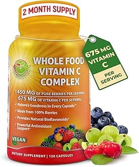 Whole Food Vitamin C Complex - 1450mg Organic Berries - 675 mg Vitamin C per Serving, High-Potency Antioxidant & Immune Support with Acerola, Amla and Natural Bioflavonoids - Vegan, Non-GMO, 120 Count