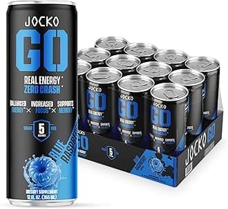 Jocko Fuel Blue Raspberry Energy Drink, 12 Pack, 0 Sugar, 95mg Caffeine, Supports Brain Health