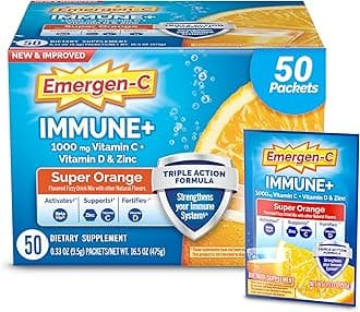 Immune+ Triple Action Immune Support Powder, BetaVia (R), 1000mg Vitamin C, B Vitamins, Vitamin D and Antioxidants, Super Orange – 50 Count