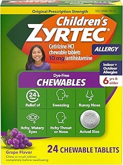 Children's Dye-Free Chewables for 24 Hour Allergy Relief, 10 mg Cetirizine Hydrochloride Antihistamine Tablets, Kids Allergy Medicine Relieves Sneezing & Itchy Throat, Grape, 24 ct
