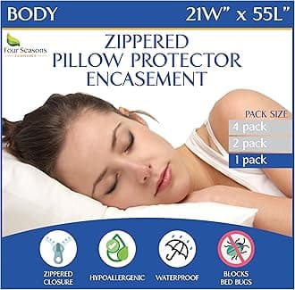 Four Seasons Essentials Body Size Pillow Protector 21" W x 55" L – Waterproof Zippered Pillow Cover Hypoallergenic Dust Proof Pillowcase Encasement