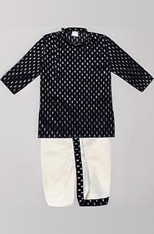 superminis Boy's Cotton Kurta with Dhoti - Golden Thread Work, Solid Round Collar, Full Sleeves, Side Button Kurta Set for Ethnic Wear