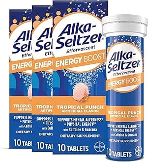 Alka-Seltzer Energy Boost: Caffeine & Guarana, B Vitamins, Supports Mental Alertness and Physical Energy, Daily Energy Supplement, Fizzy Tablets, Sugar-Free, Light Tropical Punch Flavor, 30ct