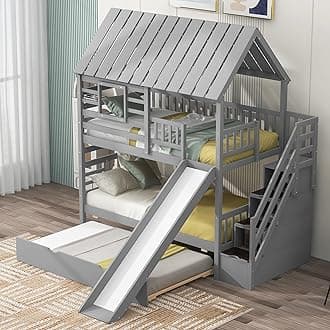 Harper & Bright Designs House Bunk Bed Twin Over Twin with Slide and Storage Stairs for Boys Girls, Stairway Bunk Bed with Trundle for Kids Teens, No Box Spring Required, Space Saving, Gray