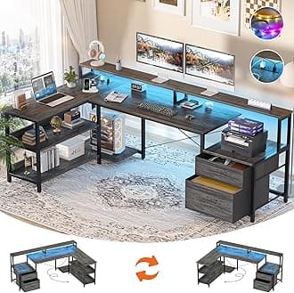 L Shaped Desk with File Drawer, 72.8" Reversible L Shaped Computer Desk with Power Outlet & LED Strip, Gaming Desks with Monitor Stand, Corner Office Desks with Storage Shelf, Grey Oak