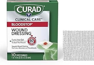 CURAD BloodStop® Wound Dressing | 1” x 1” | Hemostatic Gauze Helps Stop Bleeding Quickly | For Cuts, Abrasions or Nosebleeds | 10 Count