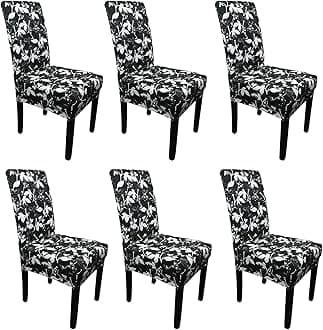 Printed High-Back Chair Covers for Dining Room Chairs – Spandex Stretch, Universal Armless Chair Protective Slipcover for Kitchen, Wedding, Party, Banquet & Hotel, Kaymas Leaves - Black, Pack of 6