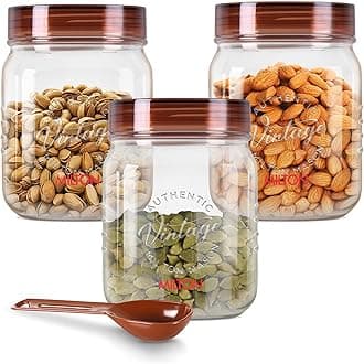 MILTON Vintage Airtight Containers with Spoons for Kitchen Storage, Food Grade Plastic, Stackable & Transparent Organizer Jars, Masala Dabba, Set of 3 (500 ml each) for Tea, Coffee, Sugar, Dry Fruits