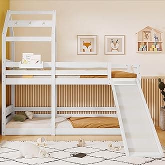 BTM Wooden Bunk Bed Tree house with slide & ladder 90 x 190 cm, 3FT Cabin Bed for children - 2x slatted frame - White