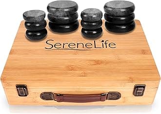 SereneLife Electric Spa Portable Heated Rocks Massage Stones and Warmer Box Kit, 12 Large Small Black Stone Set with Bamboo Heating Case, Brown