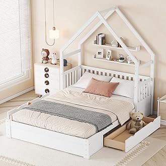 Merax Wood Queen Size House Platform Bed with Guardrail and 2 Drawers, Wooden Bedframe for Boys Girls Adult, No Spring Box Needed, White