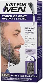 Just For Men Touch of Gray Mustache & Beard, Beard Coloring for Gray Hair with Brush Included for Easy Application, Great for a Salt and Pepper Look - Light & Medium Brown, B-25/35, Pack of 1