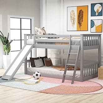 BellemaveTwin Over Twin Low Bunk Bed with Slide and Ladder, Low Bunk Bed for Kids, Girls, Boys, Floor bunk Bed, Gray