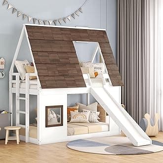 Bunk Bed Twin Over Twin with Slides and Stairs, House Bunk Bed with roof for Kids, Teens, White+Brown
