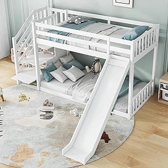 Miyemo Bunk Bed for Kids & Children, Wooden Cabin Bed Frame with Stairs & Slide, 3ft Children Bed Frame with 2 Single Bed & Storage Stairs, Solid Pine, 90 x190cm, White, (No Mattress)