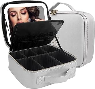 MOMIRA Makeup Bag with Mirror and Light - Travel Train Case Cosmetic Organizer with Adjustable Dividers - Silver