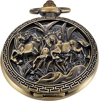 Bronze Men's Antique Mechanical Pocket Watch, Skeleton Mechanical Roman Numerals Pocket Watch with Chain + Box