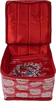 Kuber Industries Brocade Jewellery kit with 10 Pouch|Solid Print with Waterproof Outer Material|10 Pouches & Zipper Closure|Size 19 x 18 x 13, Pack of 1 (Red)