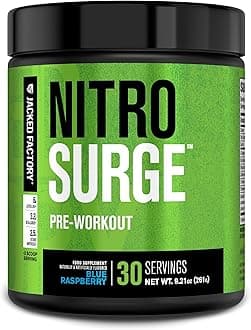 Jacked Factory NITROSURGE Pre Workout Supplement - Energy Booster, Instant Strength Gains, Clear Focus & Intense Pumps - NO Booster & Powerful Preworkout Energy Powder - 30 Servings, Blue Raspberry