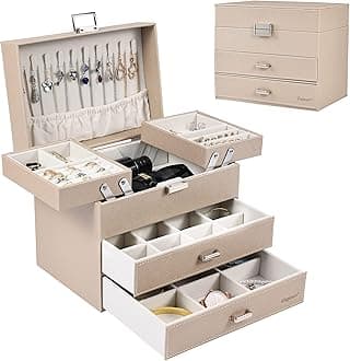 Dajasan Jewelry Organizer Box, Large Jewelry Boxes for Women Girls, Space-Saving 4 Layers Jewelry Storage Case with Drawer, Movable Metal Stand, Modern, Gift Idea (Champagne + Silver)