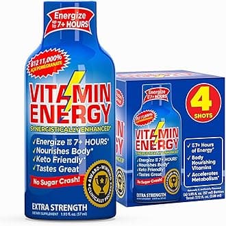 Vitamin Energy B12 11,000% Extra Strength Energy Shot Açaí Pomegranate 4 Pack, 260mg Natural Caffeine, B12 & B6, Nootropic Focus, Vitality, Zero Sugar, Gluten-Free, Vegan, Kosher, 1.93 fl oz