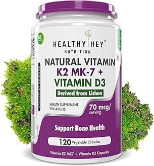 - HealthyHey Nutrition Vitamin D3 K2 Supplement Capsules | D3 Derived from Natural | 100% Veg Vitamin K2 Mk7 + Vitamin D3 Capsule | Non-GMO |Non -Synthetic (120 Veg. Capsules)