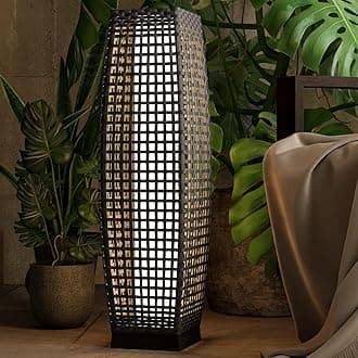 Outdoor Floor Lamp Solar Powered Lantern Water-Resistant Wicker Deck Light for Garden or Porch -Large Fuji, Silver Gray