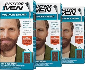 Just For Men Mustache & Beard, Beard Dye for Men with Brush, With Keratin Biotin Aloe and Coconut Oil for Healthy Facial Hair - Light Red Brown, M-27, Pack of 3 (Packaging May Vary)