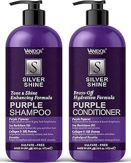 VANIDOX Sulfate Free Brass Toning Purple Shampoo and Conditioner Set for Grey and Silver Hair, Moisturizing & Color-Safe, Enhances Shine & Brightness, Made in USA (16 fl oz each)
