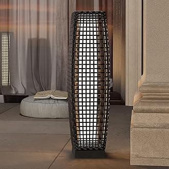 Solar Outdoor Floor Lamp Water-Resistant Wicker Deck Lantern Light for Garden or Porch-Large Fuji, Dark Brown