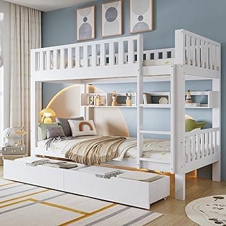 LTGB Bunk Bed for Kids Children, 3ft Solid Pine Wood Single Bed Frame & under Bed Slide Drawer Storage, with Shelf, Ideal for Any Room, White (90x190cm)【UK Fast Delivery】