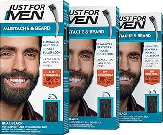 Mustache & Beard, Beard Coloring for Gray Hair with Brush, With Keratin Biotin Aloe and Coconut Oil for Healthy Facial Hair - Real Black, M-55, Pack of 3 (Packaging May Vary)