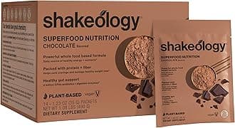 - Shakeology 0g Added Sugar Plant-Based Vegan Protein Powder – Gluten-Free Superfood Shake with Vitamins & Minerals – Helps Support Healthy Weight Loss & Gut Health, Chocolate, 14 Individual Packets