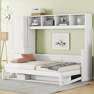 Full Size Murphy Bed Cabinet with Closet and Drawers,Hidden Folding Wall Bed Frame,Wood Platform Bed Chest,Space-Saving,Easy Assembly,for Bedroom,Guest Room,Home,Office,White