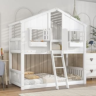 Bellemave House Bunk Beds Twin Over Twin Bunk Bed Frame with Ladder, Kids Playhouse Bunk Bed with Roof, Window, Door, Floor Bunked Frame for Boys Girls Teens, White