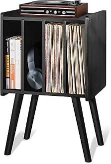 2BHOME Wooden LP Record Player Stand with 4 Cabinets, Holds up to 100 Vinyls, Metal Record Storage Holder and Organizer Table, Classical Design for Files/Book (Mid-Century Modern)
