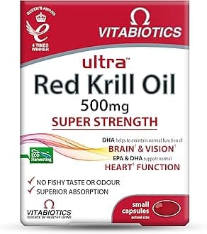 Vitabiotics Ultra Red Krill Oil Nutritional Supplement Capsule with Omega 3-9 Fatty Acids DHA EPA Astaxanthin for Heart Brain and Eye Vision Support from Antarctic Marine Phospholipids