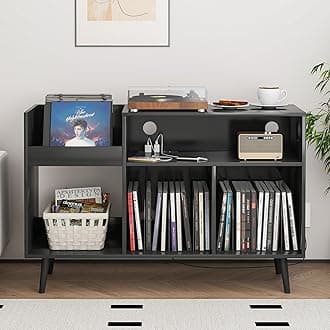 Record Player Stand with Charging Station & USB Ports, Mid-Century Turntable Stand Table Holds Up to 300 Albums, Vinyl Record Storage Cabinet with Wood Legs for Living Room Office (Black)