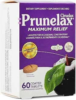 Prunelax Ciruelax Maximum Relief Laxative Tablets with Natural Senna for Occasional Constipation, Senna Extract, Vegan & Gluten-Free, Gentle Overnight Relief - 60ct