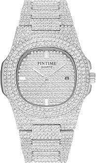 PINTIME Luxury Mens/Womens Unisex Diamond Analog ling Iced-Out Watch Oblong Wristwatch Crystal Quartz Metal Watch