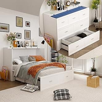 Multi-Functional Murphy Cabinet Bed, Full Size Bed Frame Murphy Chest with Built-in Power Strip & 3 Drawers, Full Foldable Platform BedFrame, White