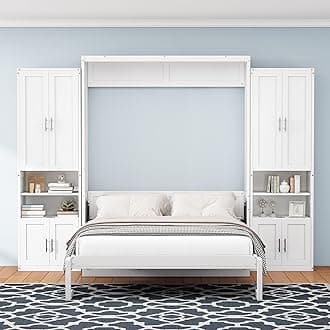 SOFTSEA Queen Size Murphy Bed with 2 Side Cabinets, 68 inch Foldable Wall Bed Murphy Bed with Desk Combo, Wood Cabinet Wall Bed for Guest Room Study Room Bedroom Home Office, White