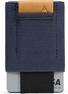 Slim Minimalist Front Pocket Wallet For Men and Women, Holds 4-15 Cards, with Hidden Cash and Key Pocket, Navy with Leather Tab, Minimalist
