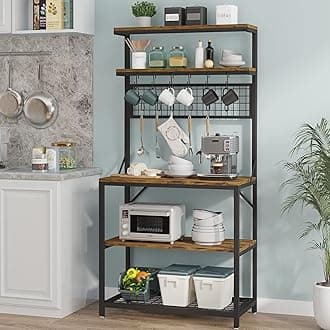 Itaar Kitchen Bakers Rack with Storage, 5-Tier Industrial Microwave Oven Stand, Free Standing Microwave Stands with 12 Hooks, Bakers Racks for Kitchens with Storage , Rustic Brown