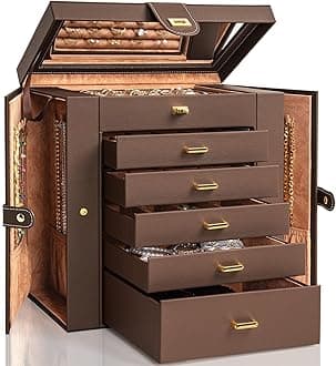 AKOZLIN Extra Large 6-Tier Jewelry Box Organizer with Mirror, 5 Drawers Leather Jewelry Storage Case for Women Girls Ring Necklace Earring Bracelet Brown