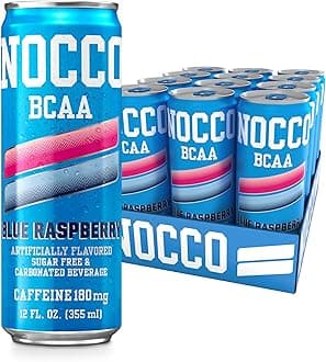 NOCCO Zero Sugar Energy Drink, Blue Raspberry - 12 Fl Oz (Pack of 12) - 180mg Caffeine, Sugar Free, BCAAs - Branched Chain Amino Acids, Carbonated & Low Cal, B Vitamins, Grab & Go Performance Beverage